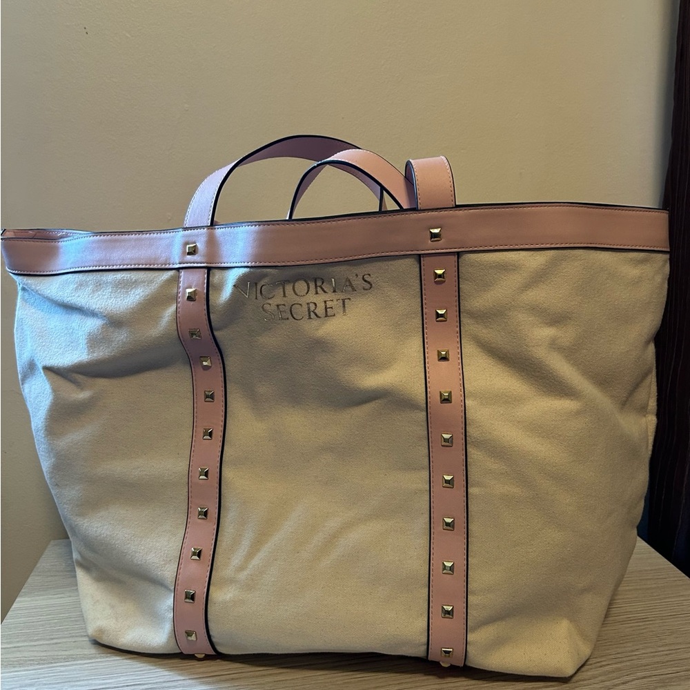 Victoria's Secret Beige Canvas Tote with Pink Trim and Studs